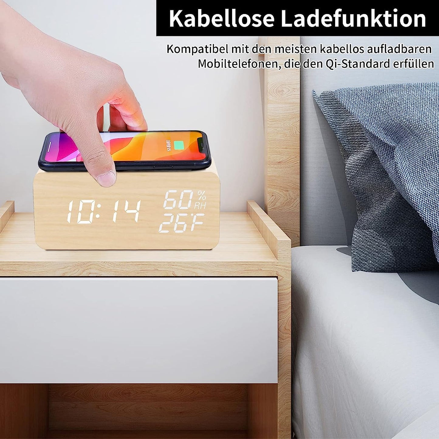 Wooden Digital Alarm Clock  (Wireless Charging) - waseeh.com