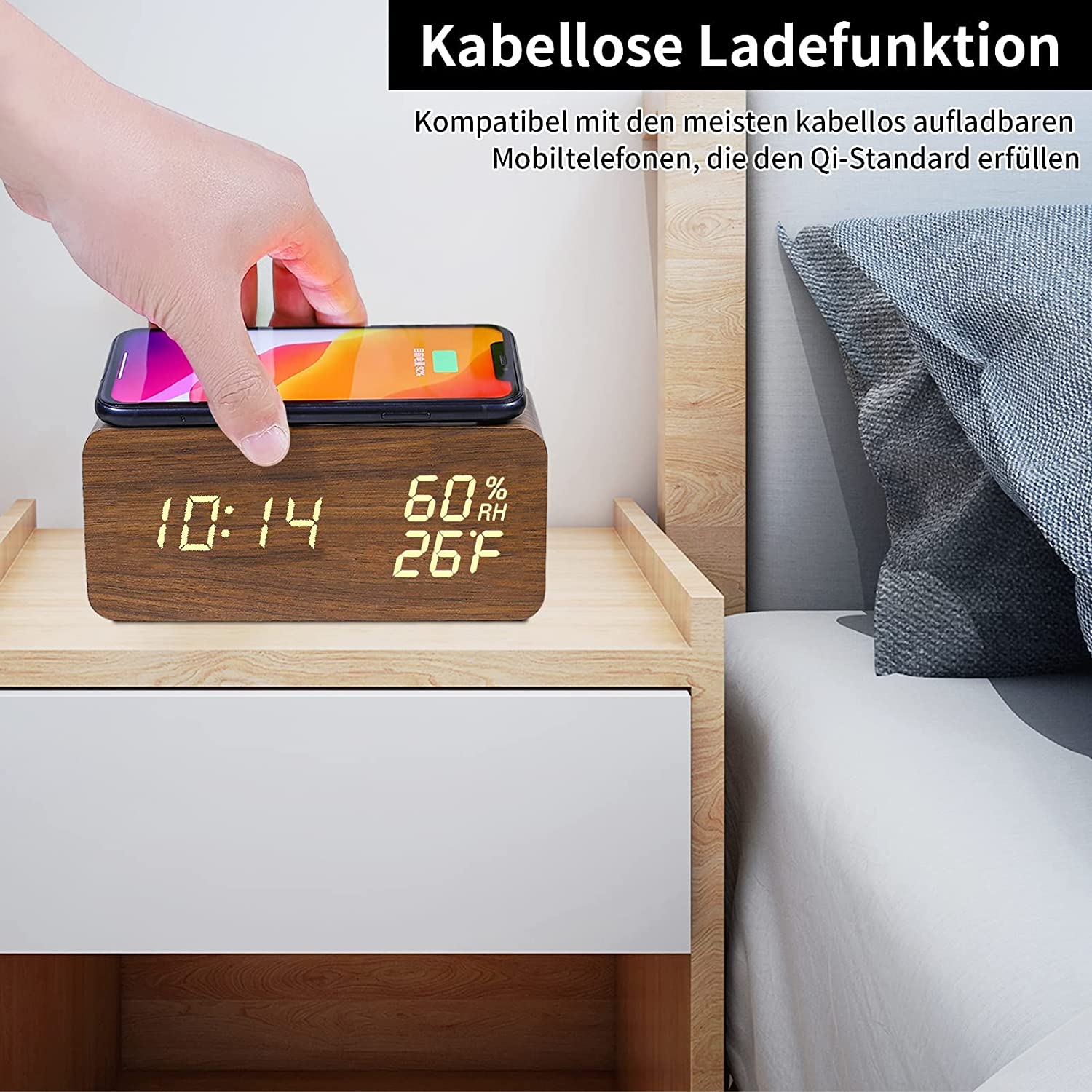 Wooden Digital Alarm Clock  (Wireless Charging) - waseeh.com